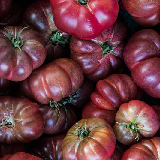 Close-up image of red heritage tomatoes.