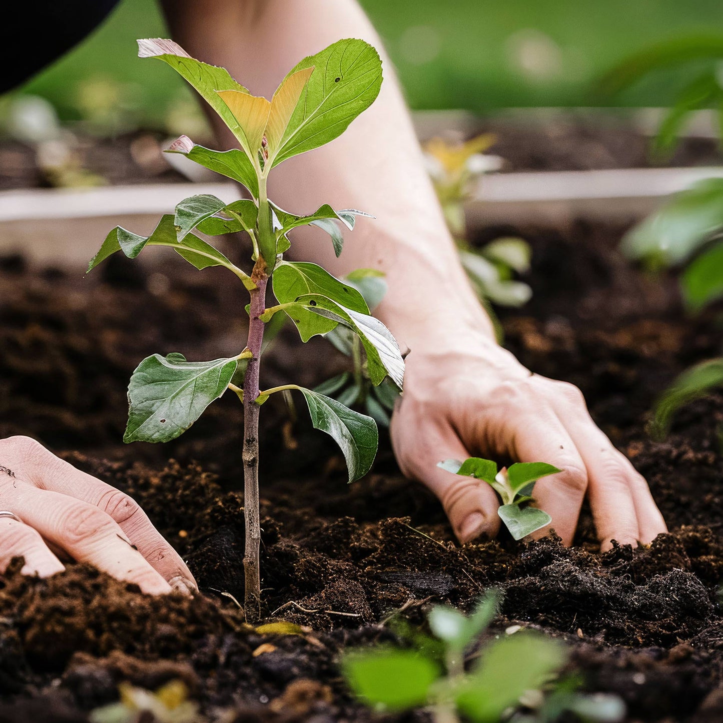 Close-up view of person planting small fruit trees.