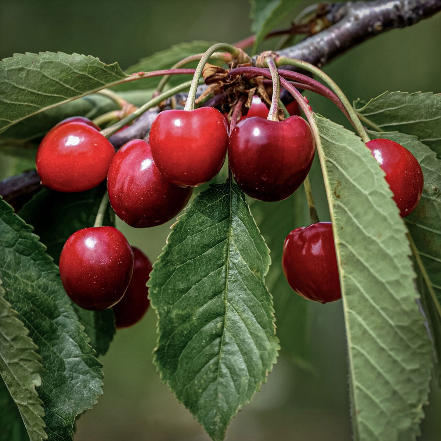 Close-up view of Morello red cherries. 