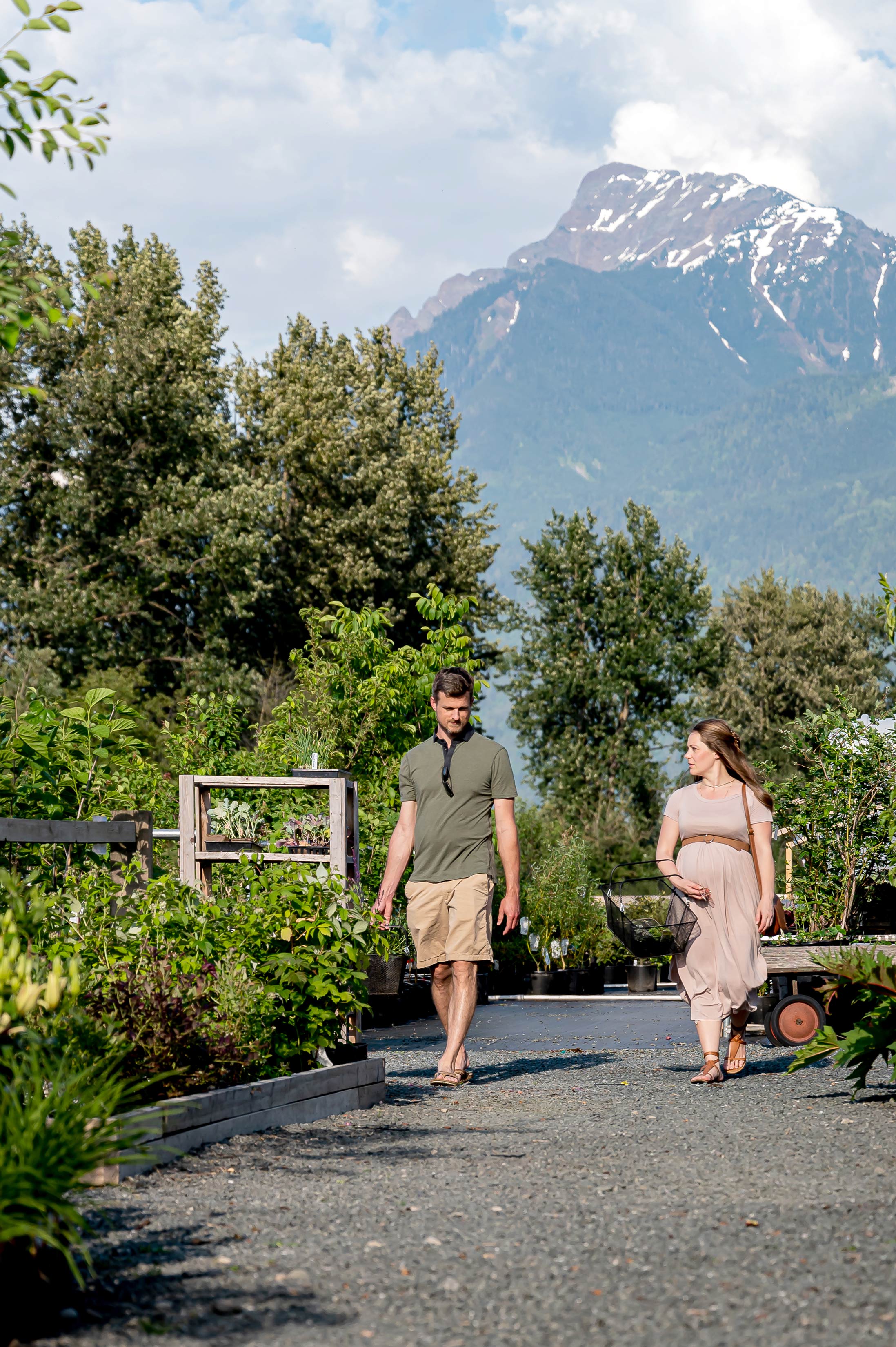 Beautiful woman and her husband shop the garden centre with Mt.Cheam in the background. 