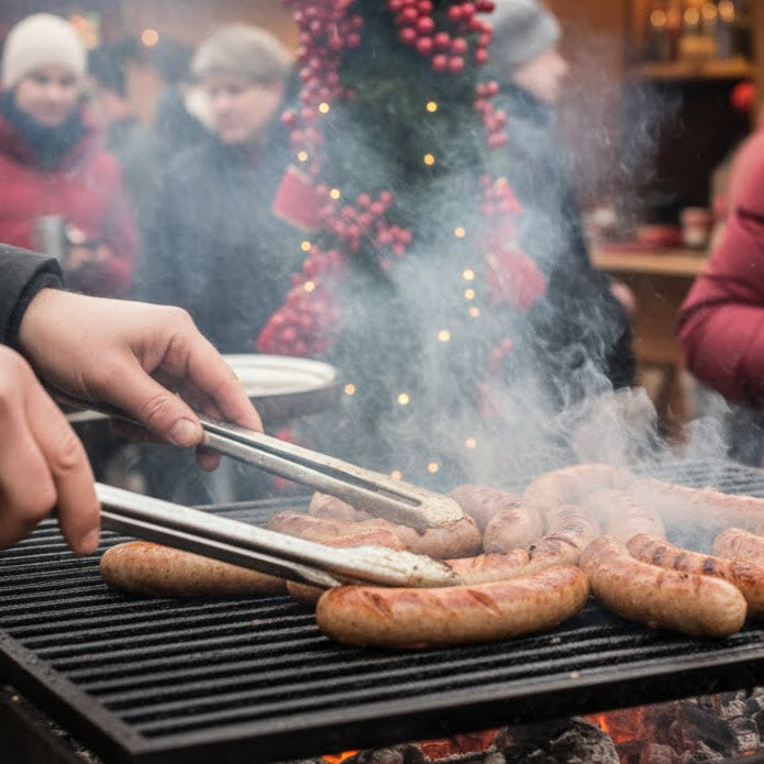 Person grilling sausages with a festive background