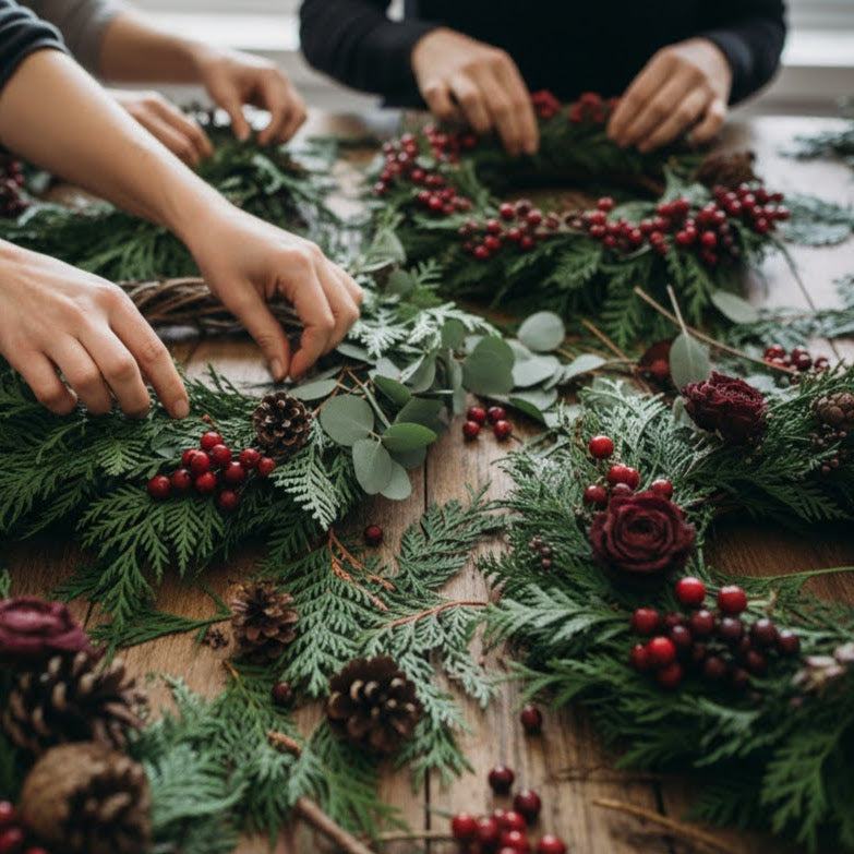 People arranging a festive wreath with greenery, berries, and pinecones on a wooden table.