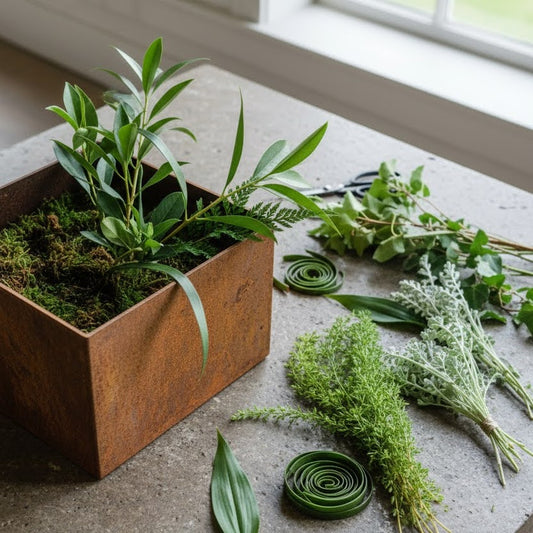 Decorative arrangement of greenery with a wooden planter on a concrete surface.