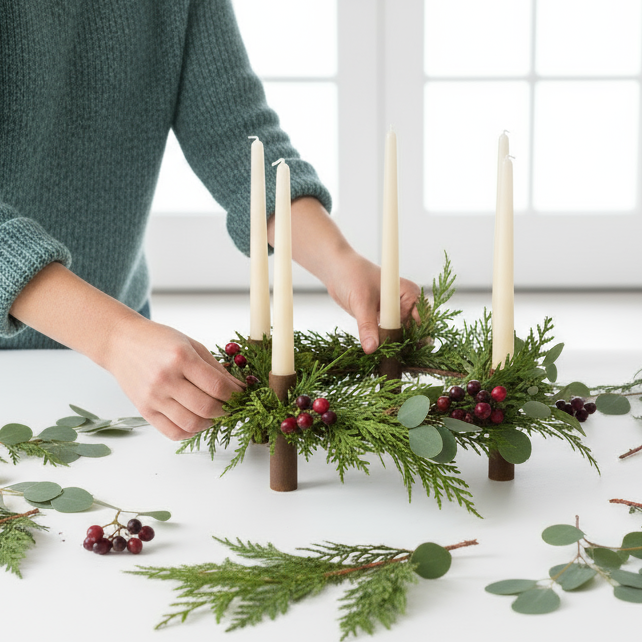 Person arranging candles on a decorative wreath with greenery and berries on a white surface.